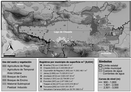 Mapa 1. Concesiones para el uso de tierras federales en el vaso del lago de Chapala